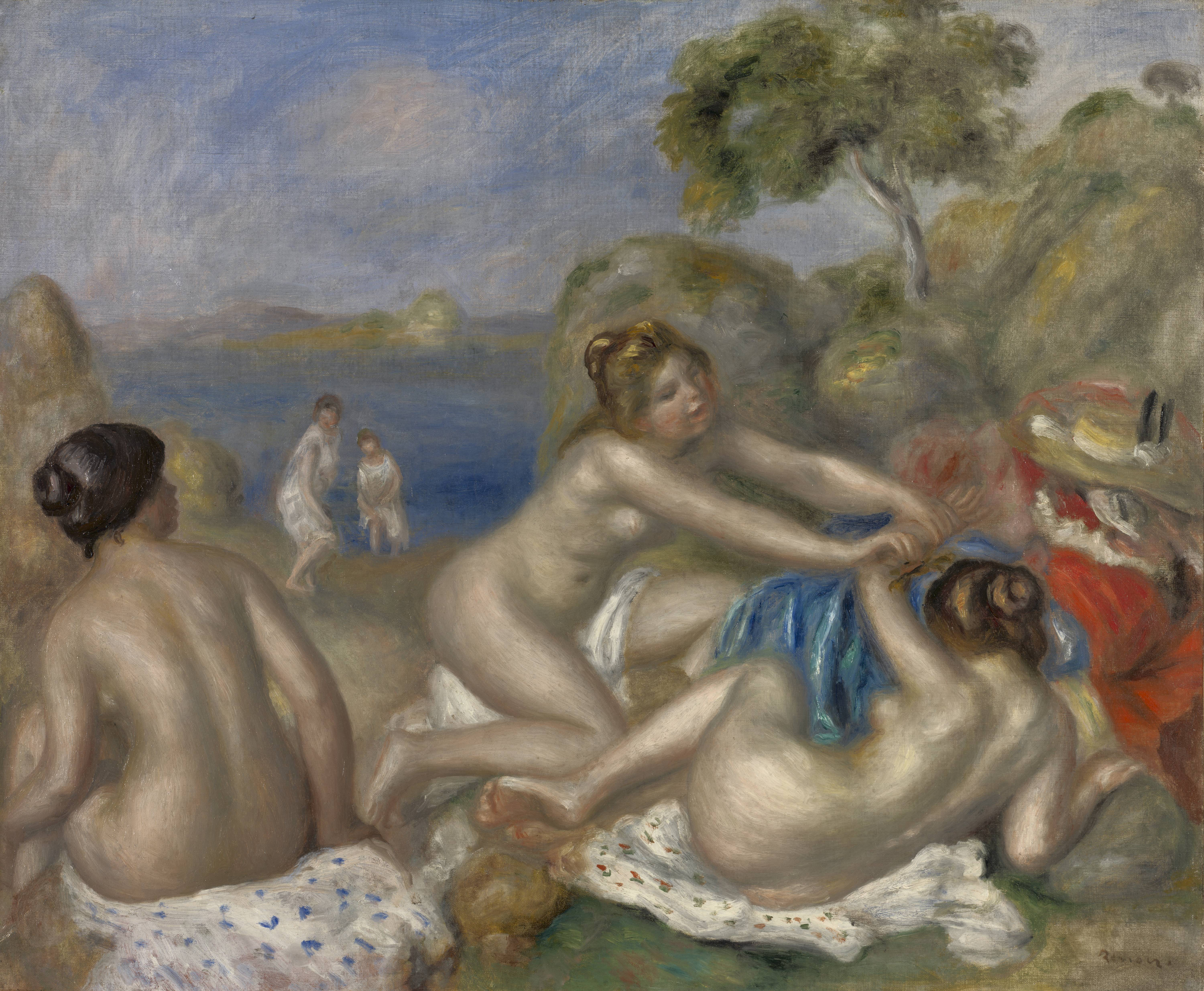 Bathers playing with a crab